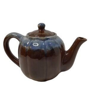 Vintage Ceramic Teapot Brown Blue Glaze Rustic Country Kitchenware